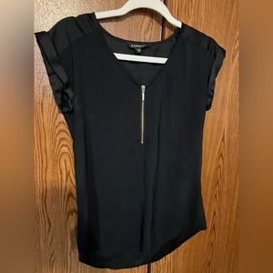 Express Zip Front Black Blouse with Satin